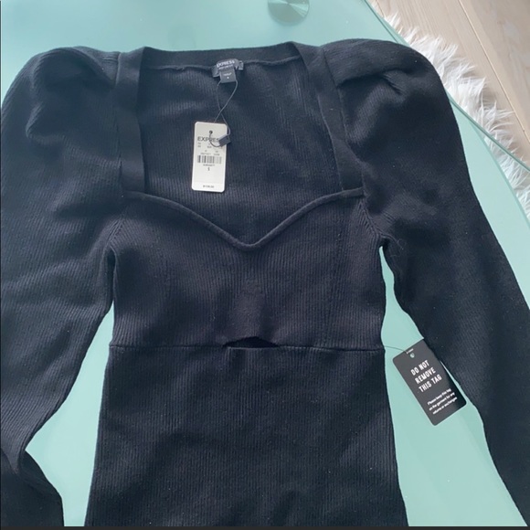 NWT! EXPRESS Ribbed Puff Shoulder Cutout Sweater Thong Bodysuit - Picture 6 of 10